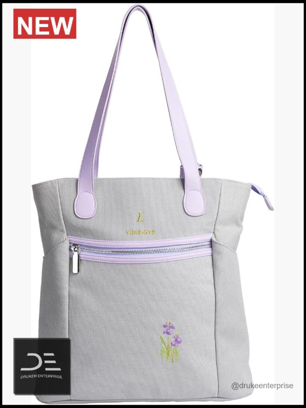 Canvas Tote Zip Top Embroidered Accents Faux Leather Handles Lightweight